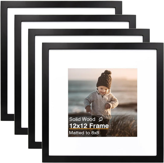 KINLINK 12x12 Picture Frame, Black Square Solid Wood Frames for Pictures 8x8 with Mat or 12x12 without Mat, Wall Display Photo Frames Black 4 Pack