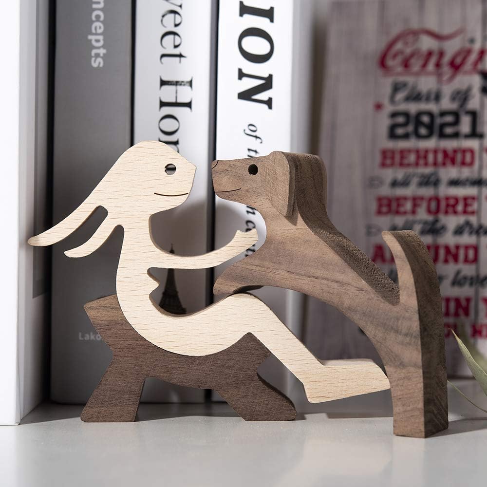 ISHINE Handmade Wooden Statue, Sitting Woman and Dog, Wood Decor Accents Craft Figurine for Bedroom Home Office Shelf Decor Gift Natural ECO Friendly