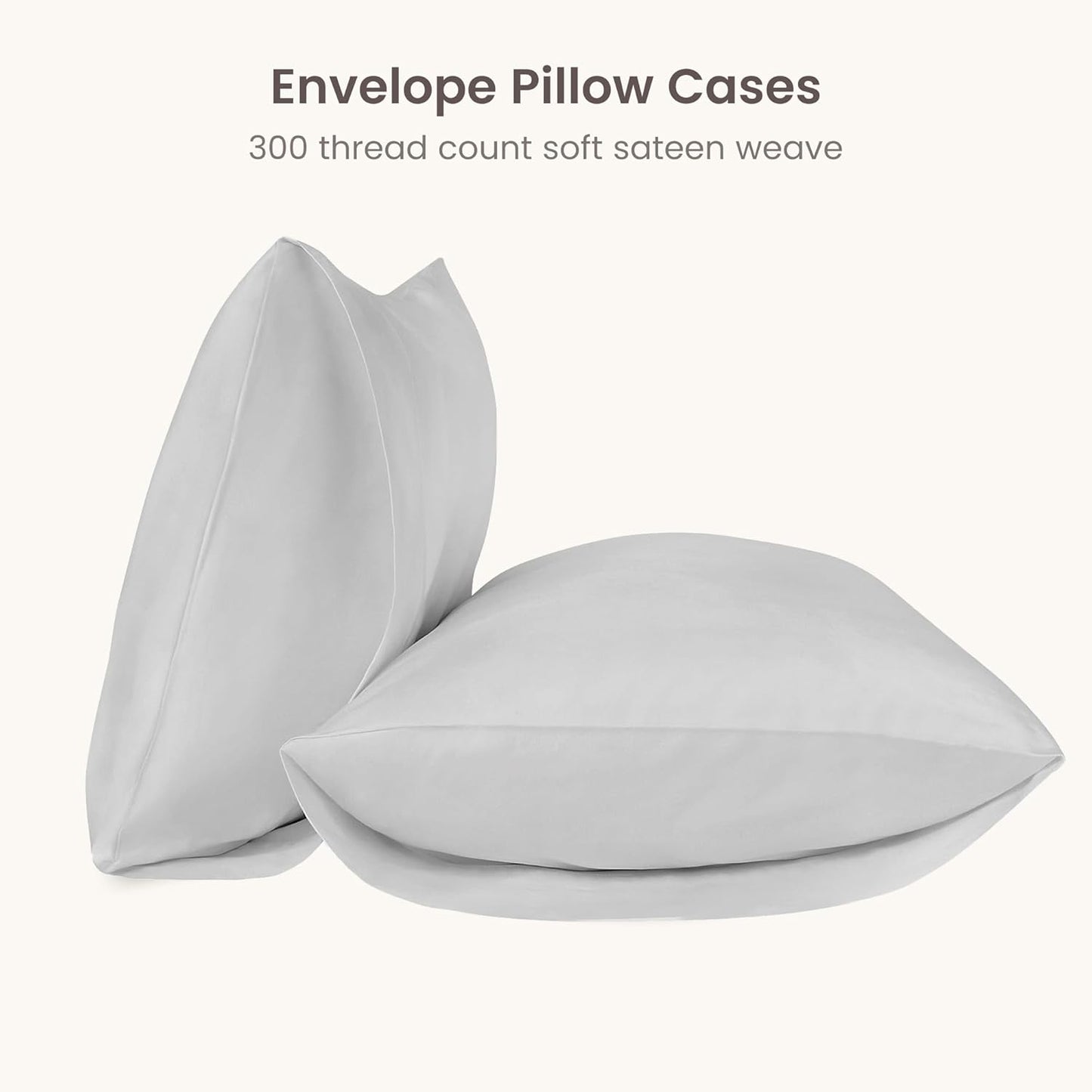 Bioweaves 100% Organic Cotton Envelope Pillow Cases 300 Thread Count Soft Sateen Weave GOTS Certified – 20 X 37, Set of 2, Glacier Grey