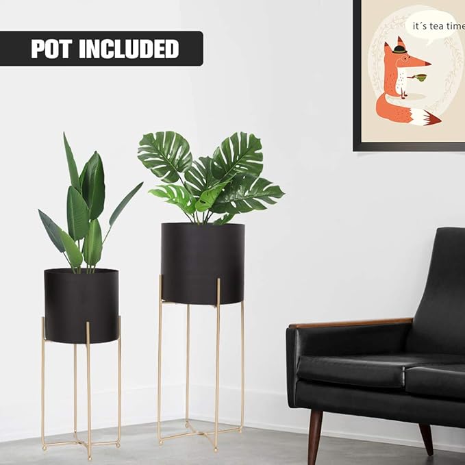 Sinolodo Mid Century Planter with Gold Plant Stand, 3 pcs Modern Planters for Indoor Plants, Metal Floor Planter Set with Foldable Stand(Pack of 3)