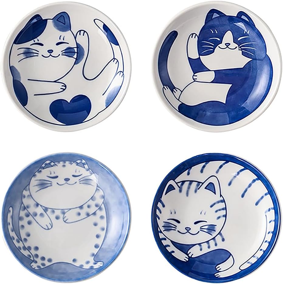 Cute Cat Soy Sauce Plate Set of 4, Japanese Ceramic Cat Bowls - Small 4 Inches Set for Appetizer, Dessert, Sushi - Serving Dish Set of 4