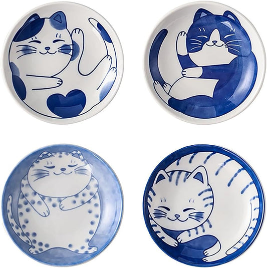 Cute Cat Soy Sauce Plate Set of 4, Japanese Ceramic Cat Bowls - Small 4 Inches Set for Appetizer, Dessert, Sushi - Serving Dish Set of 4