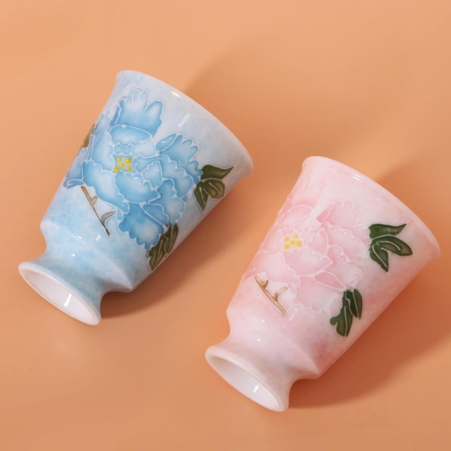 KAMMAK Ceramic Tea Cups Small, Cute Vintage Coffee Cup Set of 2, Porcelain Teacups Espresso Mug, 1.7oz Hand Painted Chinese Afternoon Tea Party Mugs, Birthday Gift for Women Men, Hand-Piled Peony