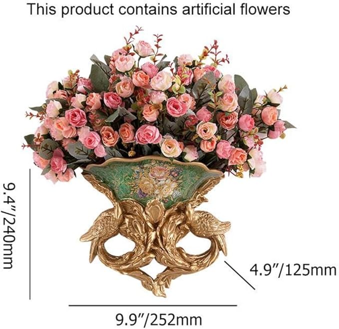 European Artificial Flowers, Luxurious Silk Faux Floral Arrangement with Medieval Gold Carved Vase for Elegant Home Decor