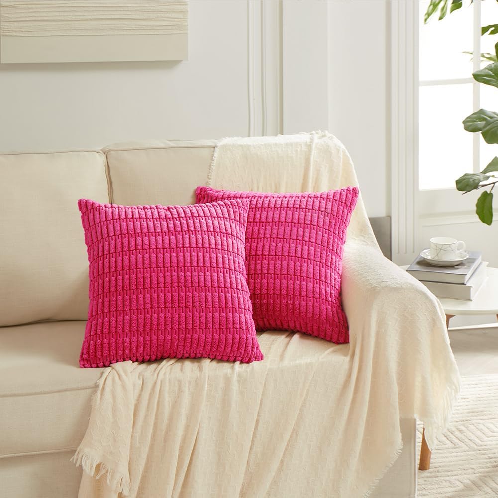 Fancy Homi 4 Packs Boho Hot Pink Decorative Throw Pillow Covers 20x20 Inch for Couch Bed Sofa, Rustic Modern Farmhouse Home Decor, Soft Plush Corduroy Square Cute Cushion Case 50x50 cm