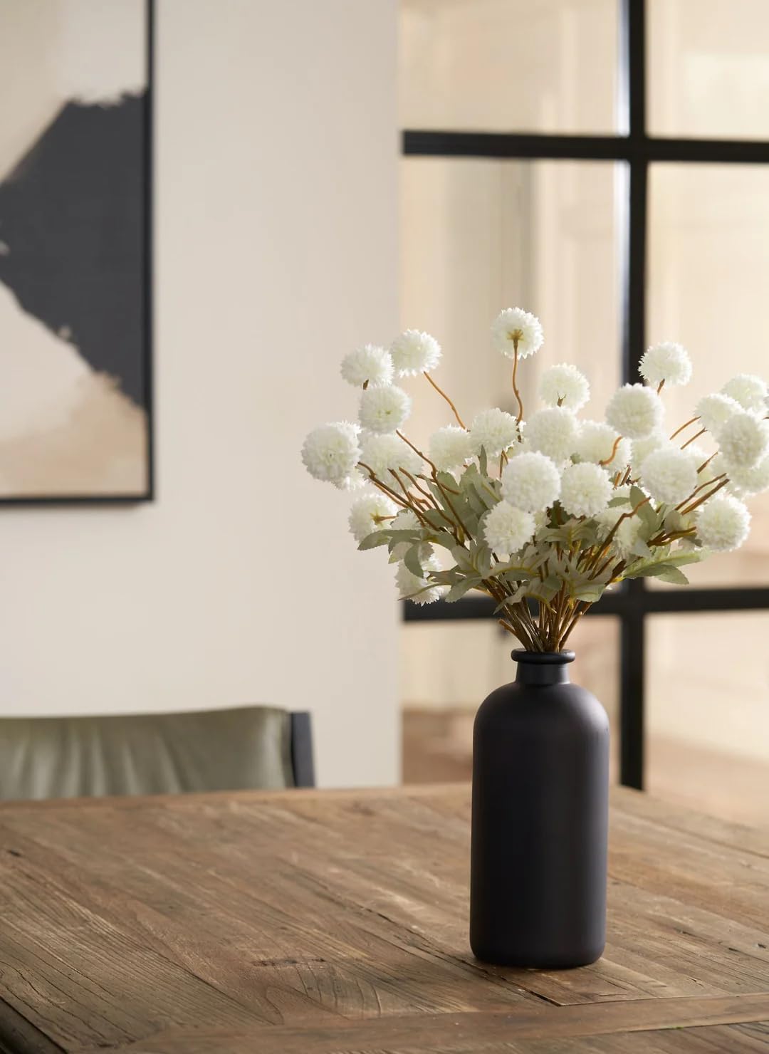 Laelfe Artificial Kiku Flower White - 5 Pcs Fake Pompon Mums Silk Small Chrysanthemum Faux Ball Fall Flower Stem Decor for Autumn Wedding Filler DIY Bouquet Centerpieces Arrangements Shower