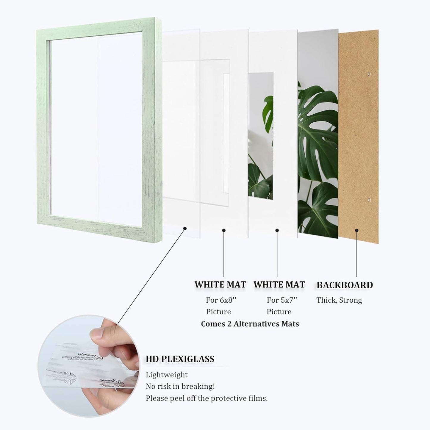 Egofine 9x12 Picture Frames Set of 4, Made of Solid Wood Covered by Plexiglass 5x7 and 6x8 with Mat or 9x12 without Mat, for Table Top Display and Wall Mounting Photo Frame Rustic Green