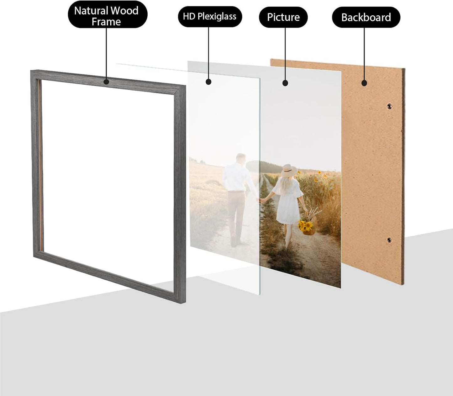 KINLINK 14x14 Picture Frame, Grey Square Solid Wood Frames for Pictures 8x8 with Mat or 14x14 without Mat, Wall Display Photo Frames Grey Wood 4 Pack