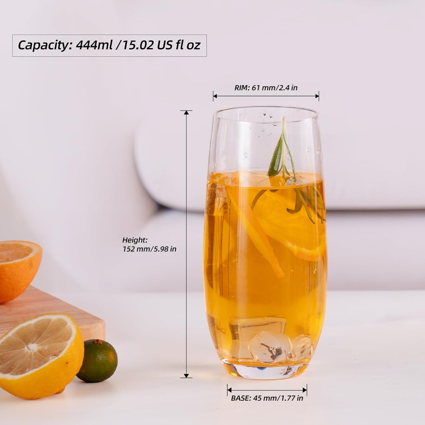 KAMMAK Drinking Glasses Set of 2, 15oz Crystal Water Glasses, Everyday Tall Glass Cups, Highball Glass for Cocktail, Juice, Mojito, Iced Tea, Kitchen and Bar Glassware Gifts, Collins Glasses