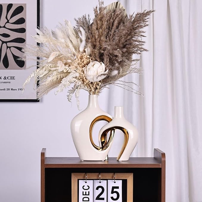White and Gold Ceramic Vase Set of 2 - Nordic Boho Minimalist Design for Home Decor, Modern Donut & Hollow Style for Living Dining Room, Bedroom, Office - Decorative Pampas Grass &Flower Centerpiece