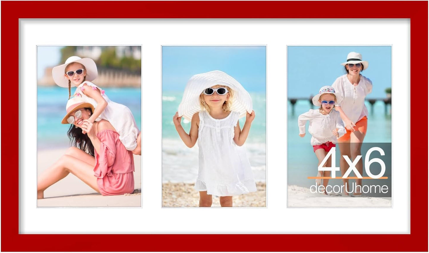 decorUhome 8x14 Picture Frames Collage Wall Decor, Display 3Pcs 4x6 Photos with Mat or 1Pcs 8x14 Unmatted, 3 4x6 Collage Picture Frames for Wall Mounting, Red