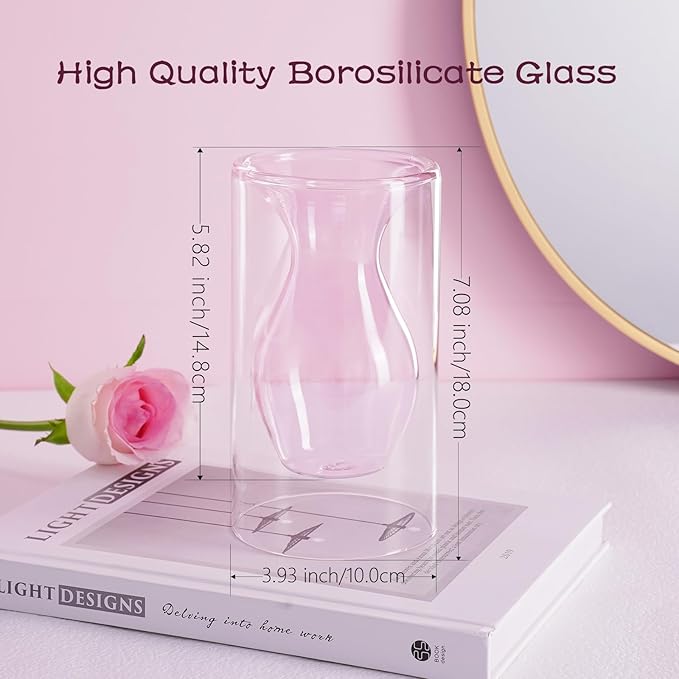 ZENS Unique Pink Small Flower Vase, Double Hollow Floating Clear Glass Vase, Modern Decorative Hand Blown Cool Bud Vase for Home Small Bouquet, Wedding Centerpieces