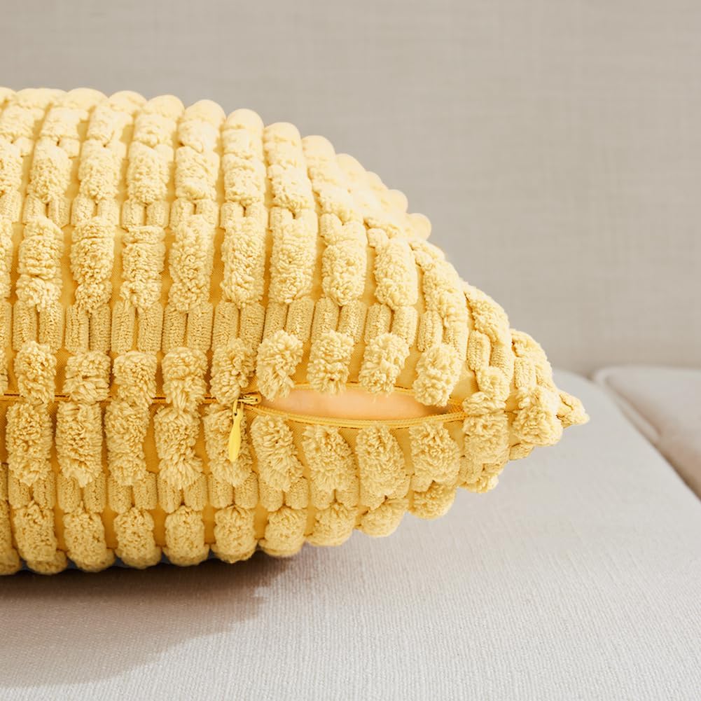 Fancy Homi 4 Packs Yellow Spring Decorative Throw Pillow Covers 18x18 Inch for Living Room Couch Bed Sofa, Rustic Farmhouse Boho Home Decor, Soft Striped Corduroy Square Cushion Case 45x45 cm