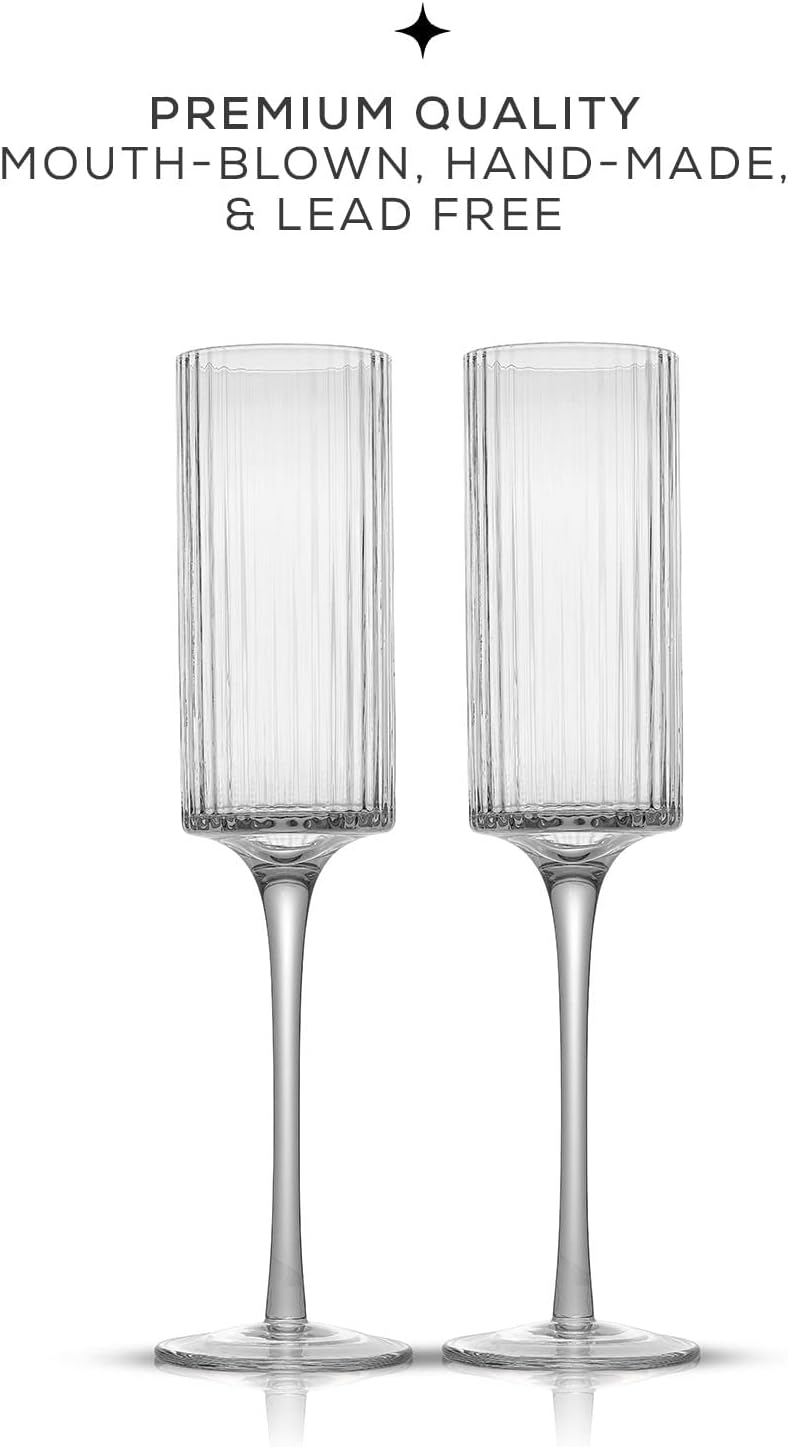JoyJolt Elle 5.7oz Champagne Glasses, Fluted Glass Flute Set of 2, Vintage Style Unique Drinking Cocktail and Mimosa Glasses, Wedding Champagne Flutes