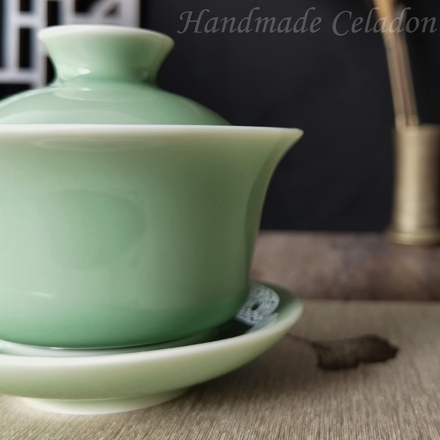Gaiwan Kung Fu Teacups with Lid 5-Ounce Teacup and Saucer Set Porcelain Chinese Celadon(Green)