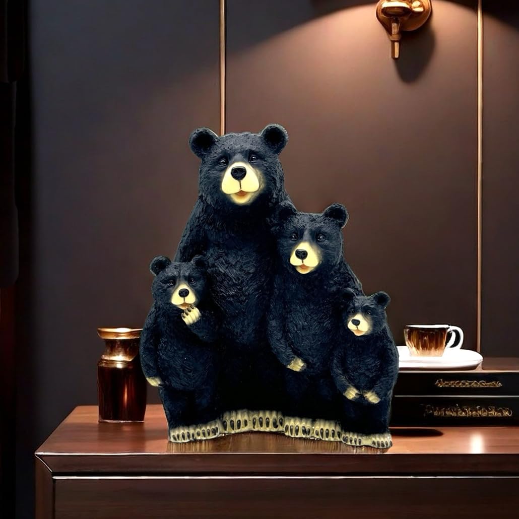 Black Bear Family Resin Statue Sculpture Figurine Decorative for Home, Office, Living Room, Desktop Display