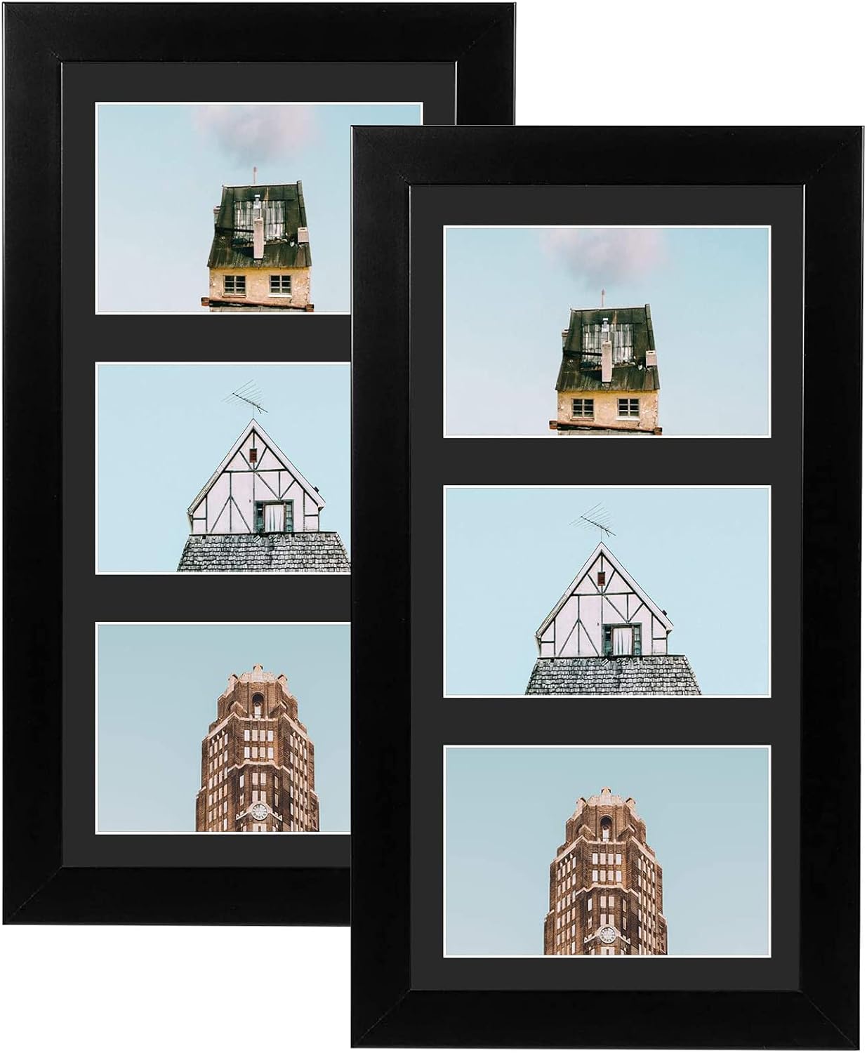 Golden State Art, Set of 2, 7x14 Wood Frame for Three 4x6 Picture - Black with 3-Opening Black Mat Color - Portrait or Landscape Wall Mounting Sturdy And Easy To Install Real Glass Front (Black, Wood)
