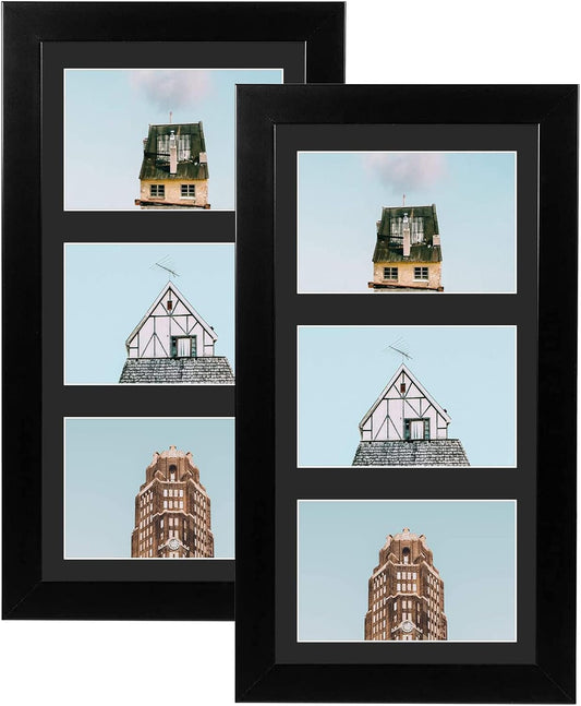 Golden State Art, Set of 2, 7x14 Wood Frame for Three 4x6 Picture - Black with 3-Opening Black Mat Color - Portrait or Landscape Wall Mounting Sturdy And Easy To Install Real Glass Front (Black, Wood)