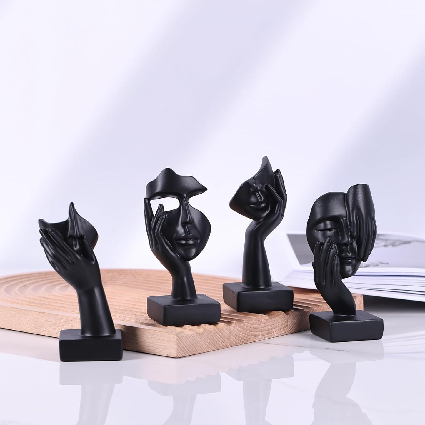 Black Abstract Thinker Figurine Set of 4, Home Art Face Small Statue for Accents Decor Women Bedroom Shelf Bookcase Room Desk, TV Stand, Coffee Table Decor, for Women Art Decor Gifts (Black)