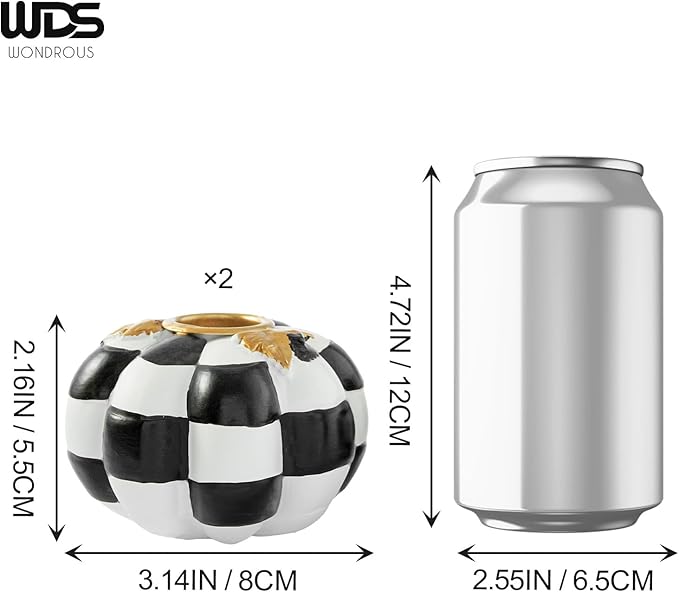 WDS WONDROUS Pumpkin Candle Holders Set of 2 Black & White, Fall & Halloween Thanksgiving Decor, Pumpkins Candlestick Holders for Centerpiece, Checkered Pumpkin Decor, Taper Candle Holders for Table