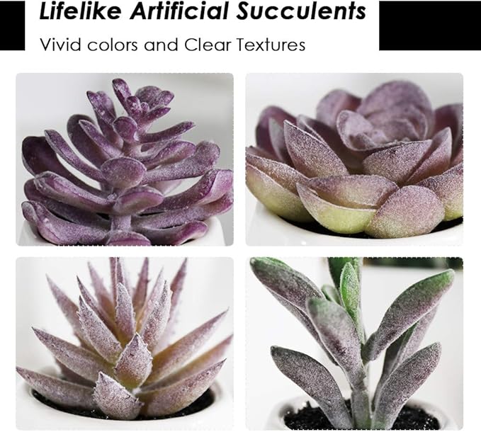 Tiita Purple Artificial Faux Succulents in Pots, Mini Purple Fake Plants for Women Desk, Small Realistic Faux Succulents for Home Office Accessories Window Sill Bathroom Bedroom 4 Set