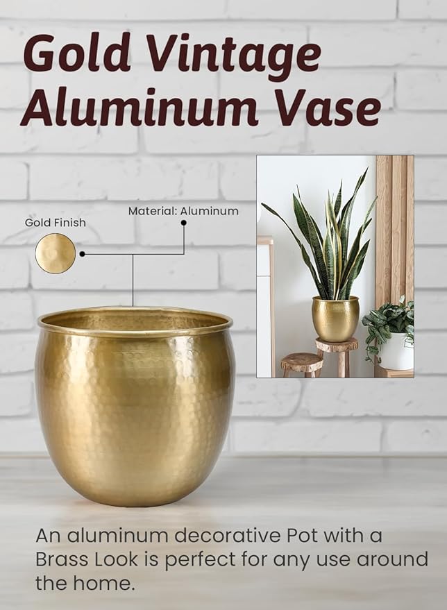 Serene Spaces Living Gold Brass Look Vintage Aluminum Vase - Perfect Decorative Accent for Plants, Weddings, and Events, Metallic Pot for Home, Large, Measures 10.75" Diameter and 9.75" Tall