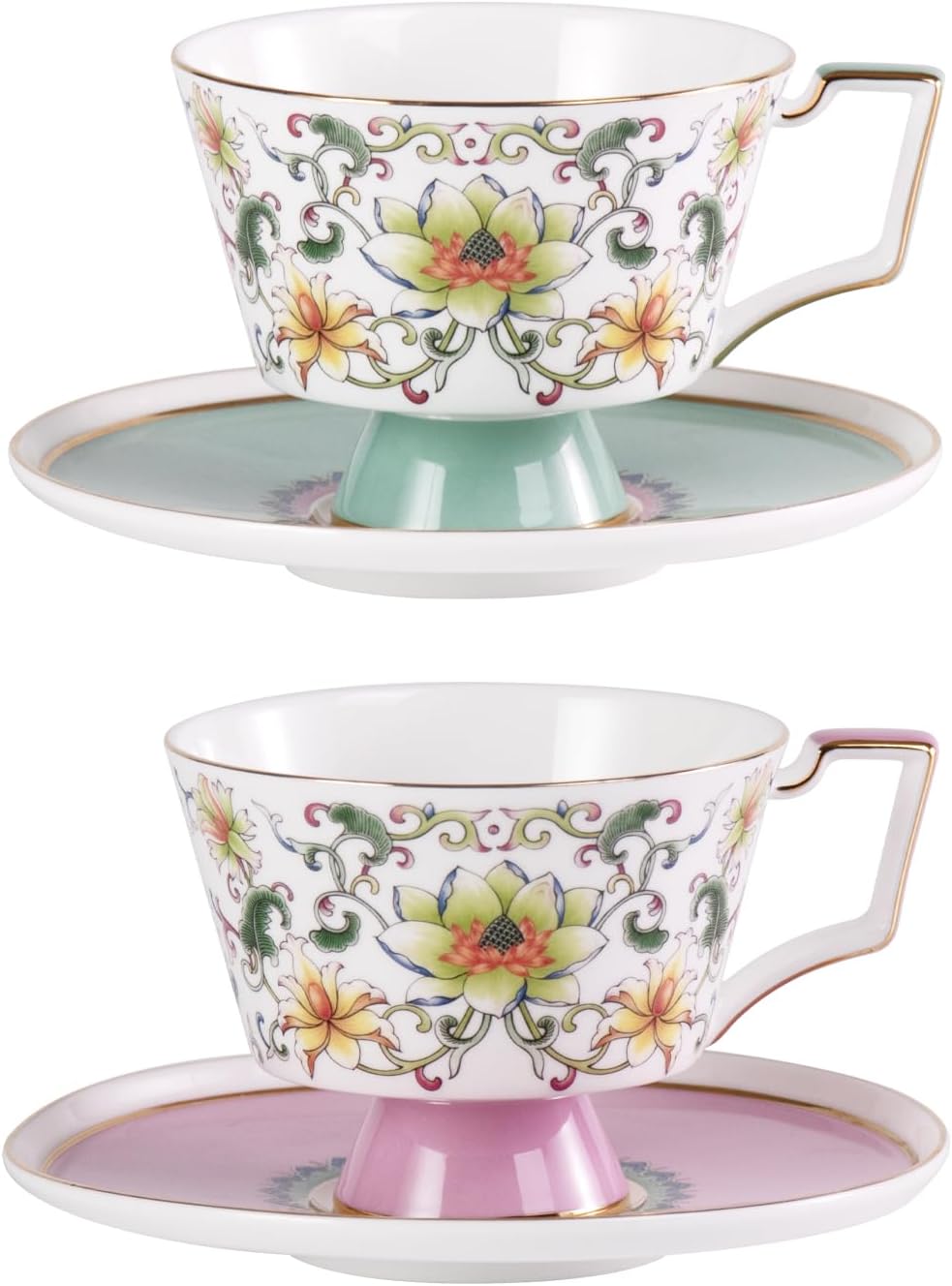 KAMMAK Ceramic Coffee Cups Saucers Set of 2, Porcelain Espresso Cups with Saucers, 8.12 oz Handcrafted Elegant Bone China Tea Cups, Lotus Floral Pattern Teacup for Party, Office, Women Gift