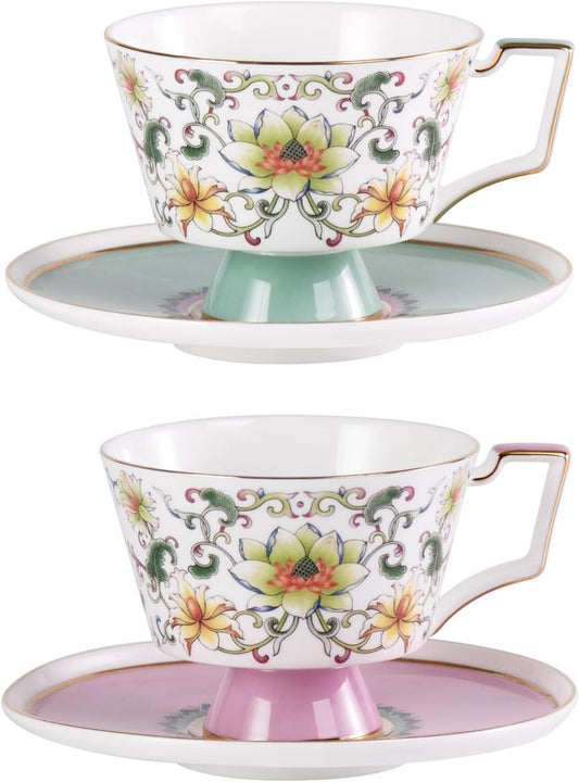 KAMMAK Ceramic Coffee Cups Saucers Set of 2, Porcelain Espresso Cups with Saucers, 8.12 oz Handcrafted Elegant Bone China Tea Cups, Lotus Floral Pattern Teacup for Party, Office, Women Gift