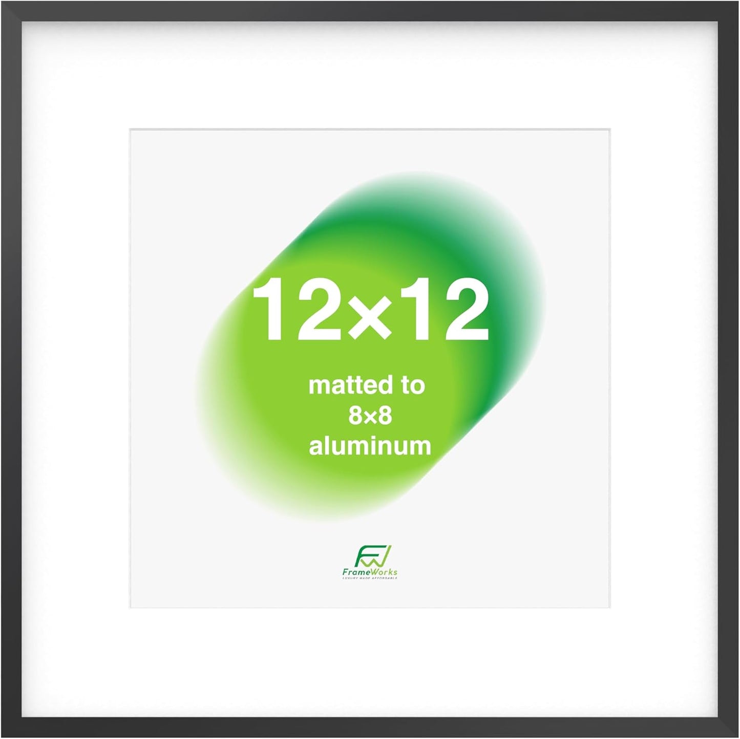 FrameWorks 12x12 Matted to 8x8 Picture Frame – Aluminum Frame w/Tempered Glass, Removable Mat for Photos, Posters, Art, Stylish Wall Frame for Home Decor, Gallery Walls, Office, Living Room - Black
