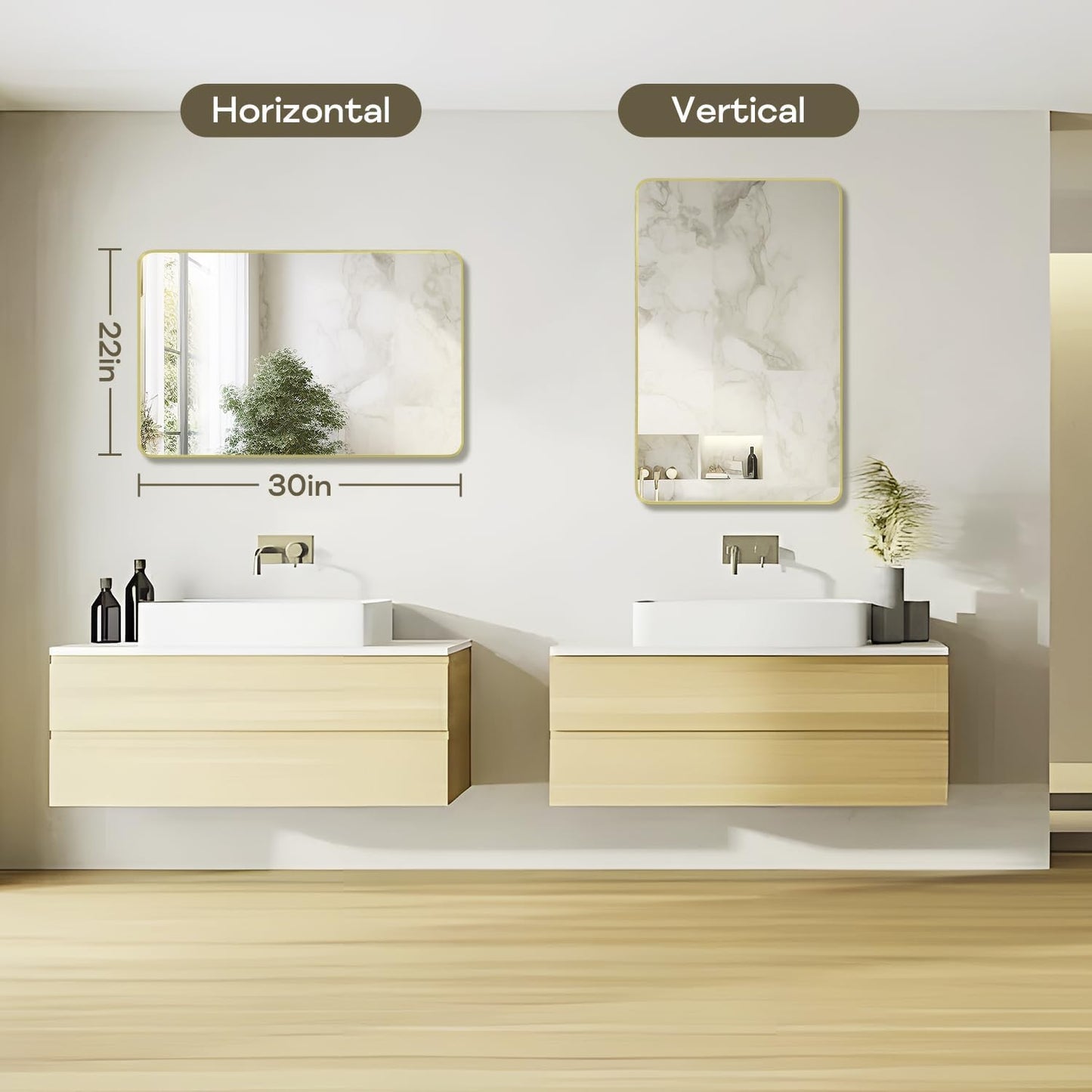 Gold Framed Bathroom Mirror, Brushed Gold Bathroom Vanity Wall Mirror, Rounded Rectangle Gold Frame Mirror, Tempered Glass, Anti-Rust, Hangs Horizontally or Vertically (22" x 30", Gold)