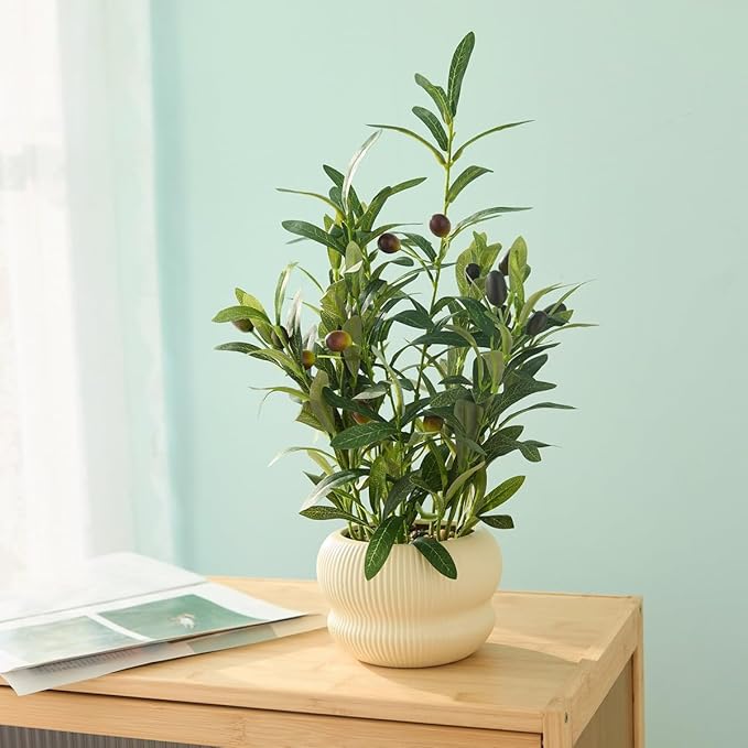 16 inch Fake Plants Indoor Greenery Leaf Faux Silk Olive Plant with Creamic Light Yellow Planter for Home Kitchen Office Hotel Housewarming Aesthetic Decoration