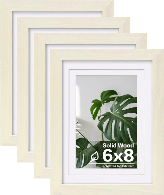 Egofine 6x8 Picture Frames Set of 4, Made of Solid Wood Covered by Plexiglass 4x6 and 5x7 with Mat or 6x8 without Mat, for Table Top Display and Wall Mounting Photo Frame Beige