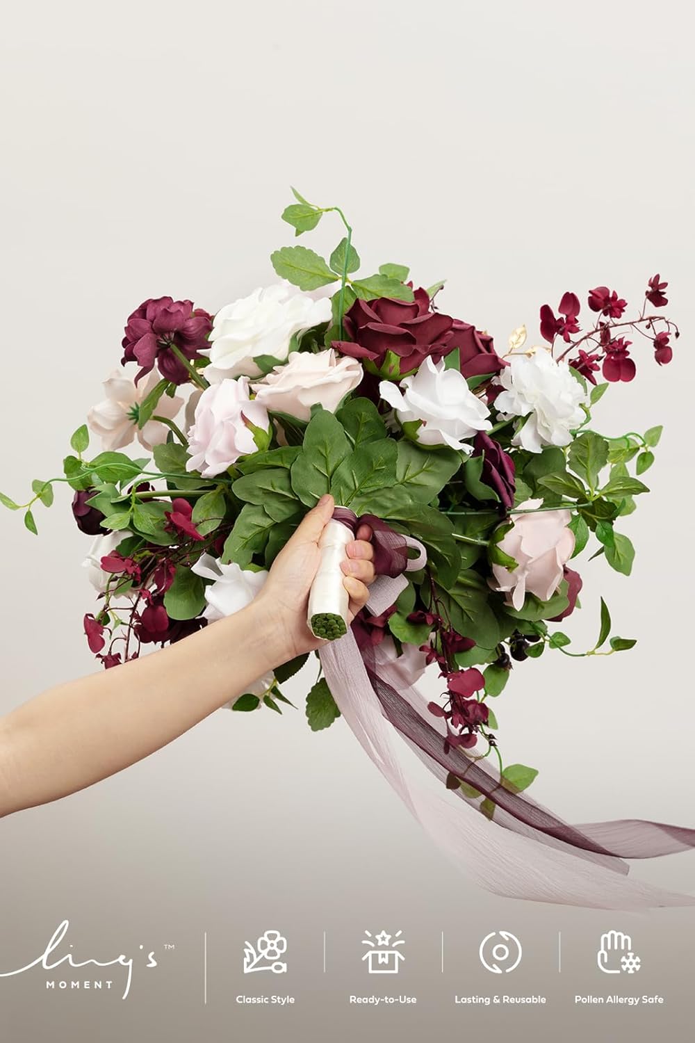 Ling's moment Burgundy Wedding Bouquets for Bride, Marsala Bridal Bouquets for Bride, 17 Inch Free Form Artificial Wedding Flower Bouquet