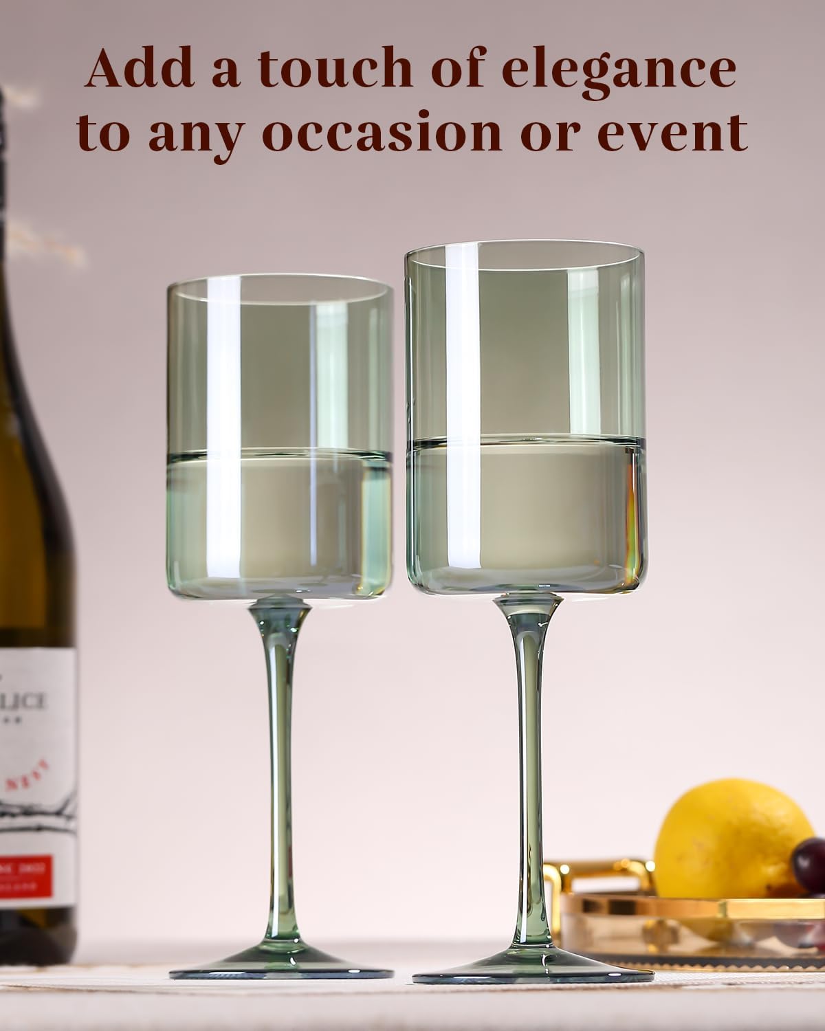 Green Square Wine Glasses Set of 6 - Hand Blown, Colorful With Tall Long Stems, Modern Set for All Occasions - 14oz