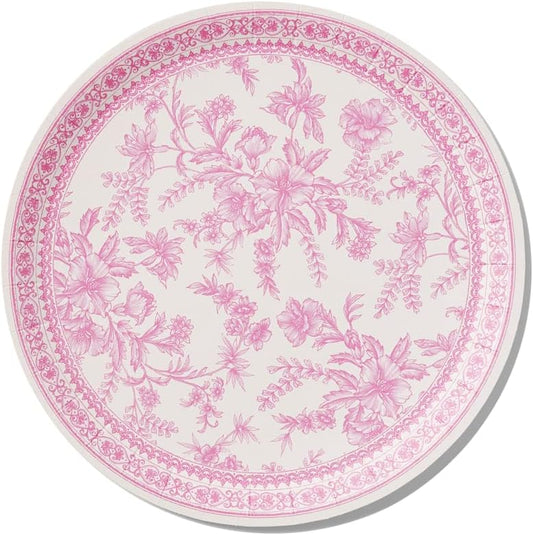Coterie Decorative Paper Plates (Set of 10 Large Plates) - Pink Floral and White for Bridal/Baby Shower and More - Tea Party Supplies | 9.25” Fancy Plates