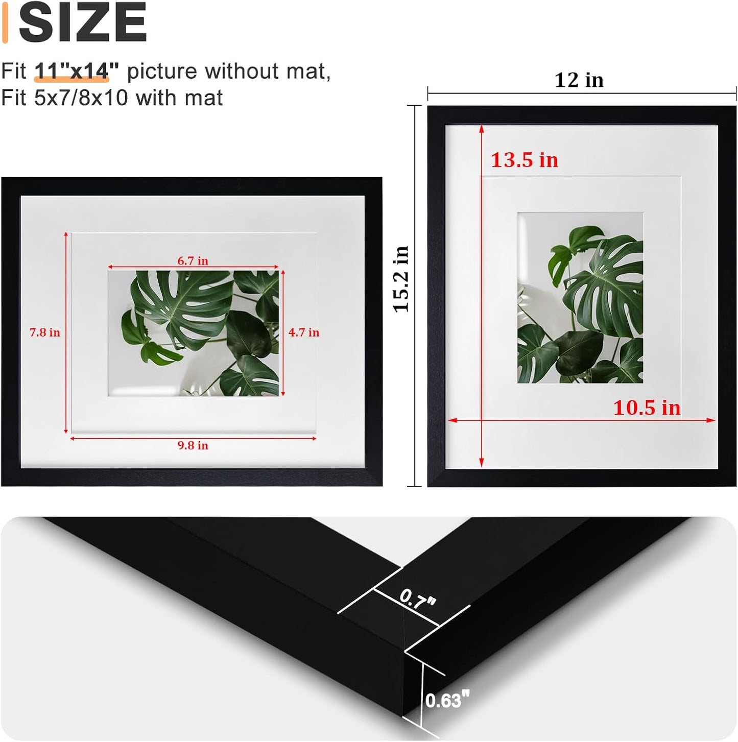 Egofine 11x14 Picture Frames Set of 4, Made of Solid Wood Covered by Plexiglass 5x7 and 8x10 with Mat or 11x14 without Mat, for Table Top Display and Wall Mounting Photo Frame Black