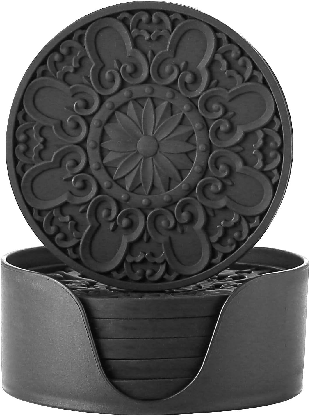 Colinda Silicone Coasters - Set of 6 with Holder, Non-Slip Cup Mats for Hot and Cold Drinks, Decorative Designs, Gift Ready Packaging,Black