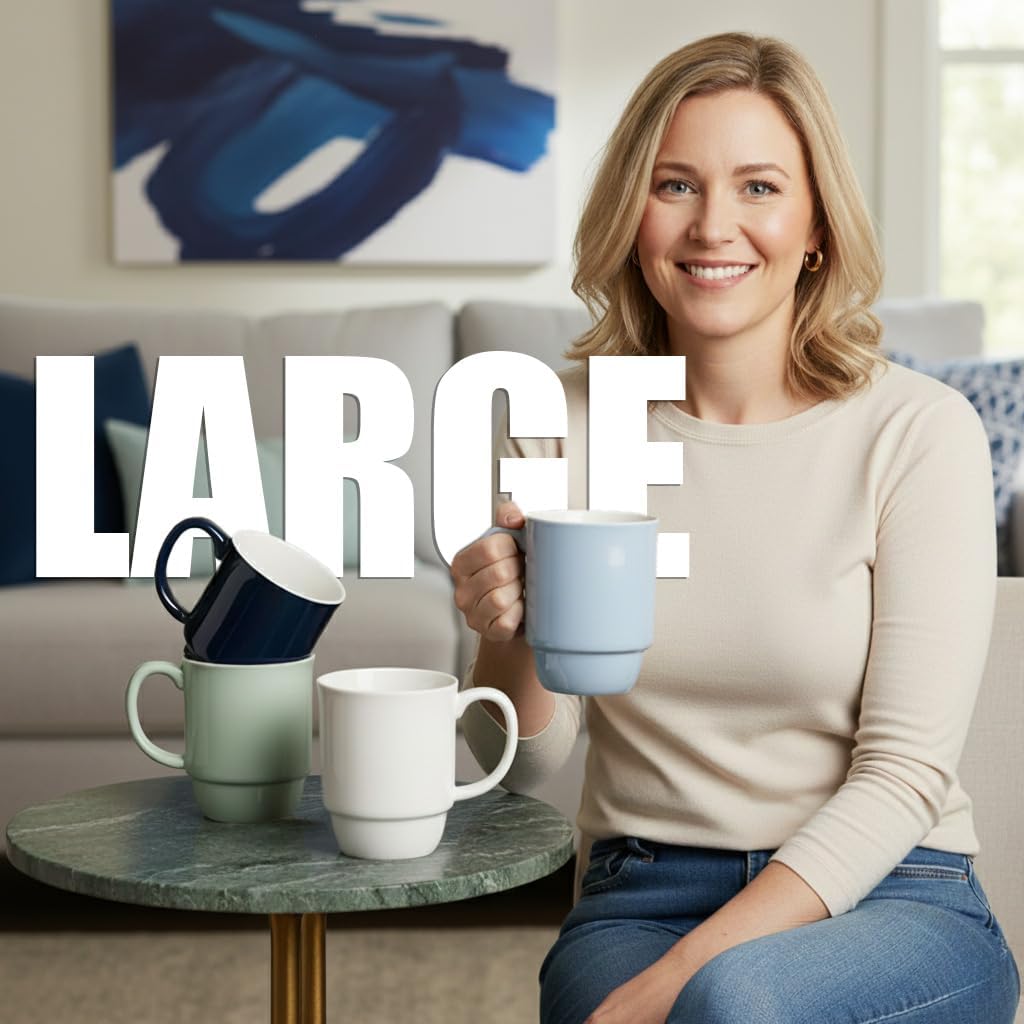 Coffee Mugs Set of 4 – 20 oz Porcelain Ceramic Mugs with Handle, Stackable Non-Toxic & Lead Free, Microwaveable Latte Cups for Kitchen, Tea & Cappuccino