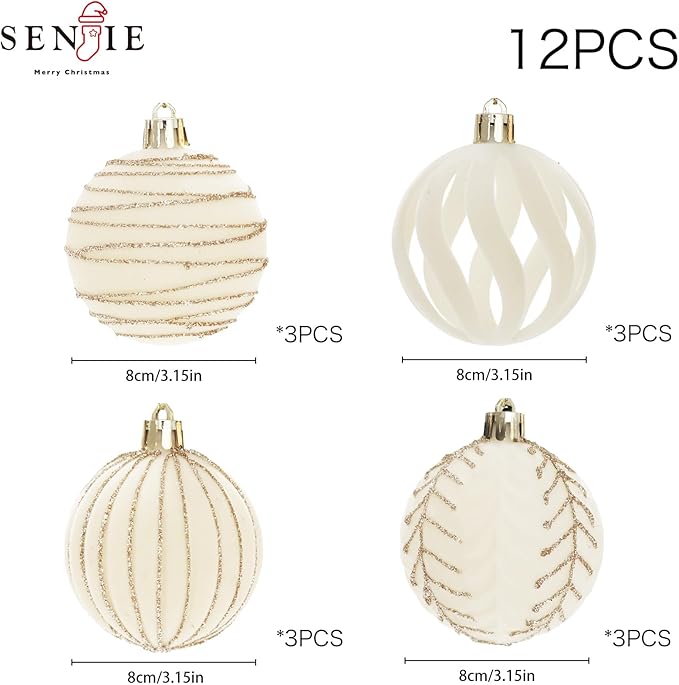 3.15INCH Beige Velvet Ornaments for Christmas Tree, 12PCS Glitter Flocked Christmas Ornaments Decorations Balls Set Decor