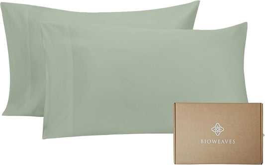 Bioweaves 100% Organic Cotton Pillow Cases 300 Thread Count Soft Sateen Weave GOTS Certified – Standard/Queen Size, Set of 2, Basil