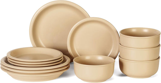 GZG Vintage Series - Ceramic Dinnerware Set for 4, 12 Pieces Stoneware Plates and Bowls Set, Lead-Free, Handcrafted Dishes Set, Microwave & Dishwasher Safe - Warm Apricot