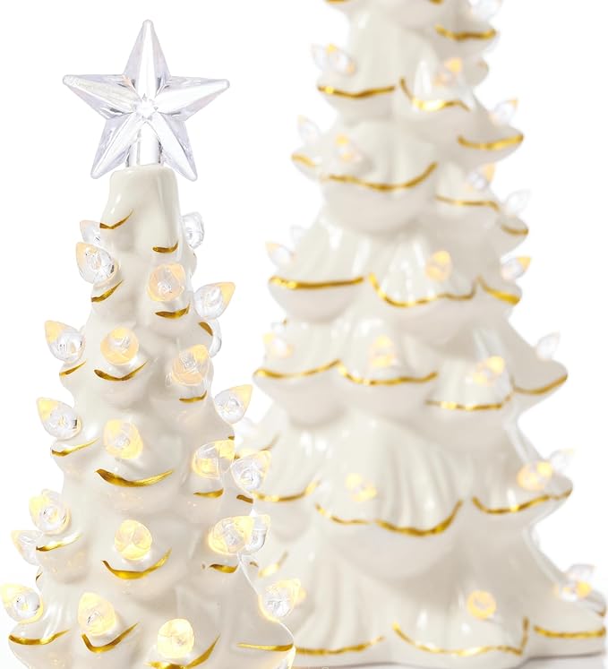 WDS WONDROUS Ceramic Christmas Tree Tabletop - White and Gold Accents 2PCS Table Top Christmas Trees with Lights Prelit - Small Xmas Tree Figurines Home Mantel Desk Centerpieces
