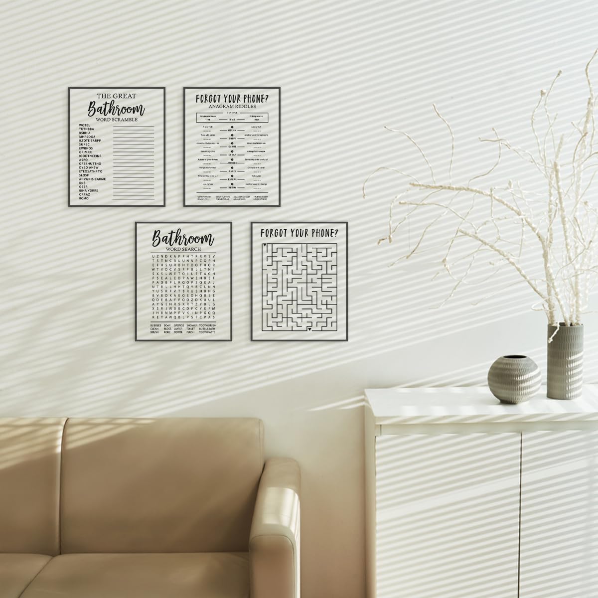 ETVISO Funny Bathroom Decor Wall Art Set of 4, Funny Crossword Puzzle Wall Art, Funny Forget Your Phone, Bathroom Word Search Wall Decor, 8x10 (Unframed)