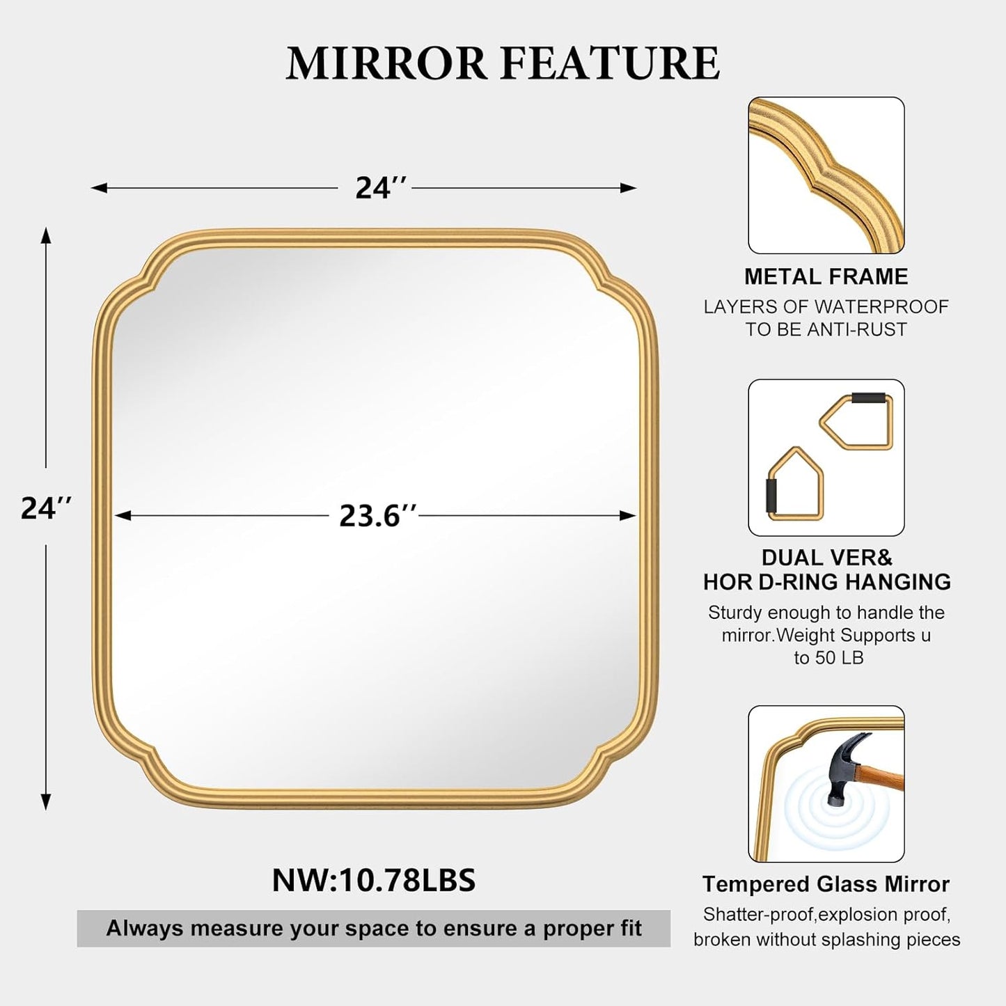 Gold Bathroom Mirror for Wall 24" x 24" Modern Rounded Corner Square Mirror with Non-Rusting Iron Metal Framed Bathroom Vanity Mirror for Over Sink Wall Decor Horizontal/Vertical