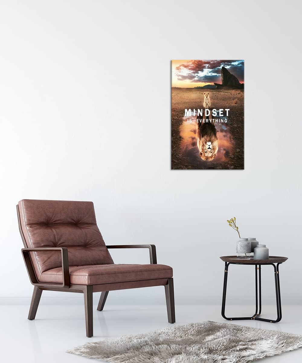Mindset is Everything Inspirational Canvas Wall Art Small Cat and Big Lions Entrepreneur Quotes Poster Print Artwork Painting Picture for Home Office Living room Wall Decor Framed[24"W x 36"H]