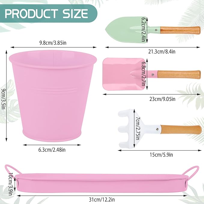 Indoor Herb Garden Set of 3 with Tray and 3 Types of Gardening Tools, Metal Plant Pots Herb Garden Planter Kit with Drainage for Plants (Pink)