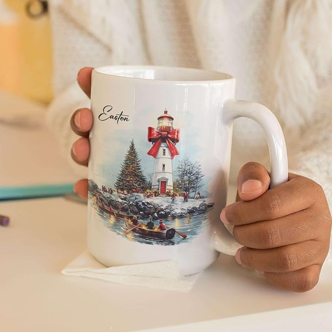 Unique Rowing Festival Cup, Custom Name Holiday Mug, Personalized Christmas Coffee Cup, Gift For Winter Lovers, Customized Christmas Accent Mug, Lighthouse And Bow Ceramic Cup 11oz 15oz