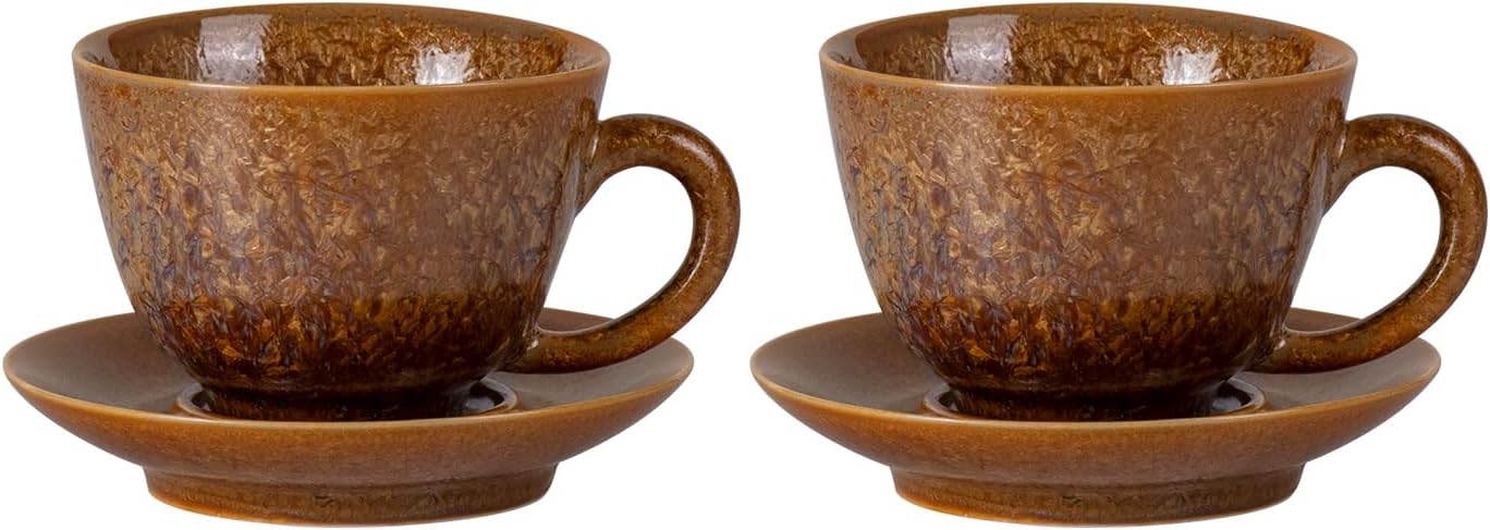 KAMMAK Tea Cups and Saucers Set of 2, Porcelain Coffee Cups, 4.3oz Crystalline Glaze Espresso Mugs, Ceramic Demitasse for Coffee, Cappuccino, Latte, Americano, Tea (Golden Crystal)