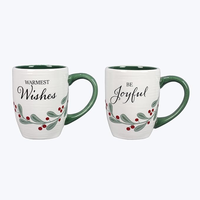 Young's Inc Ceramic Mugs, Warmest Wishes & Be Joyful, 2Ast *Microwave and Dishwasher Safe