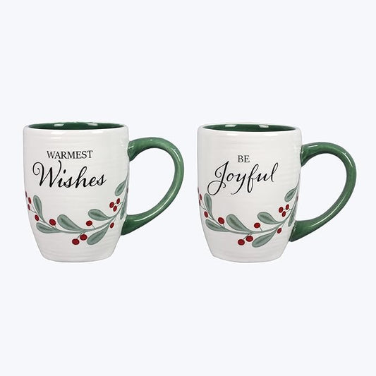 Young's Inc Ceramic Mugs, Warmest Wishes & Be Joyful, 2Ast *Microwave and Dishwasher Safe